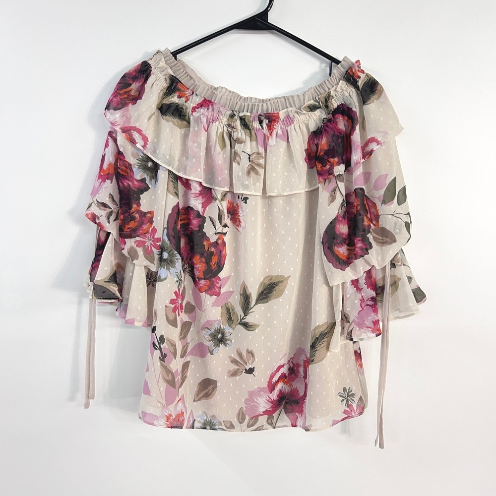 Floral Off Shoulder Ruffle Blouse XS Tiered Chiffon Romantic Boho Coquette